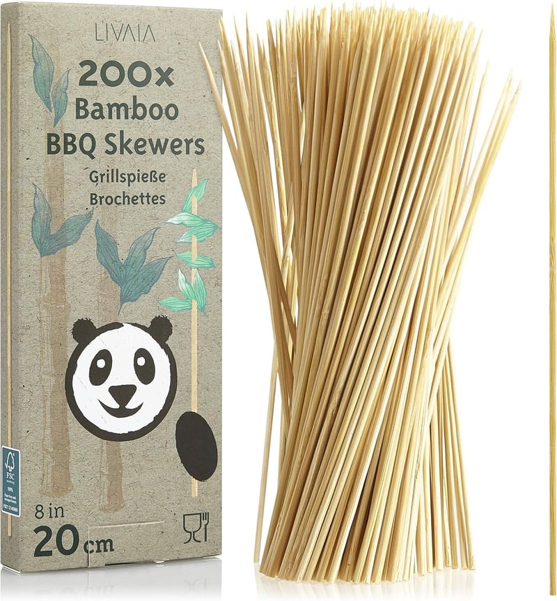 LIVAIA Bambusz Grillpálca 200 db 20 cm Kerek Nyársak Kézműves Használatra