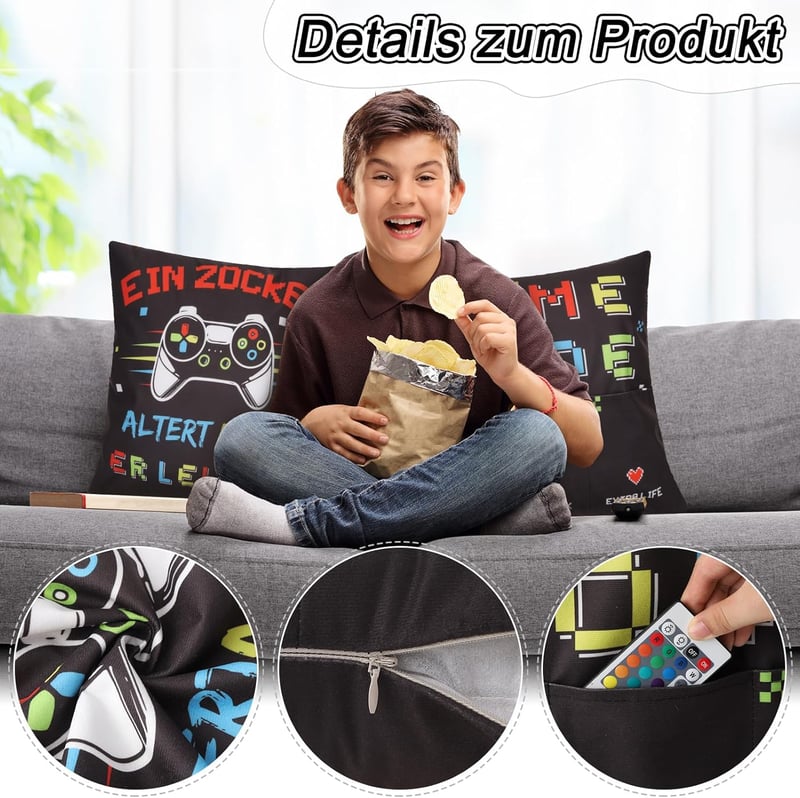 Livdouyu 45x45 cm Gamer Dekorációs Párna 3 Zsebbel és Kulcstartóval