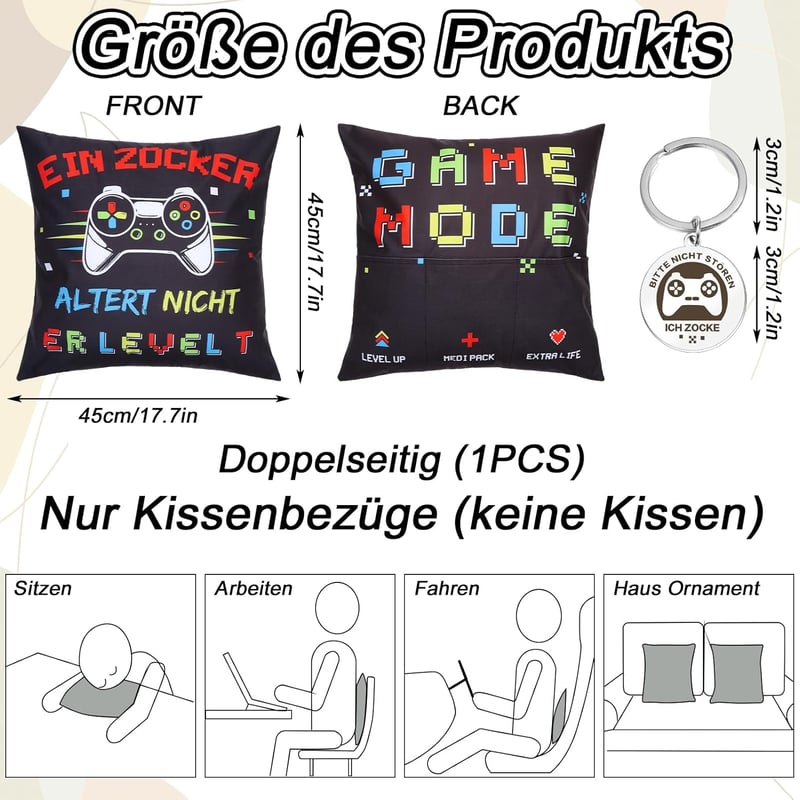 Livdouyu 45x45 cm Gamer Dekorációs Párna 3 Zsebbel és Kulcstartóval