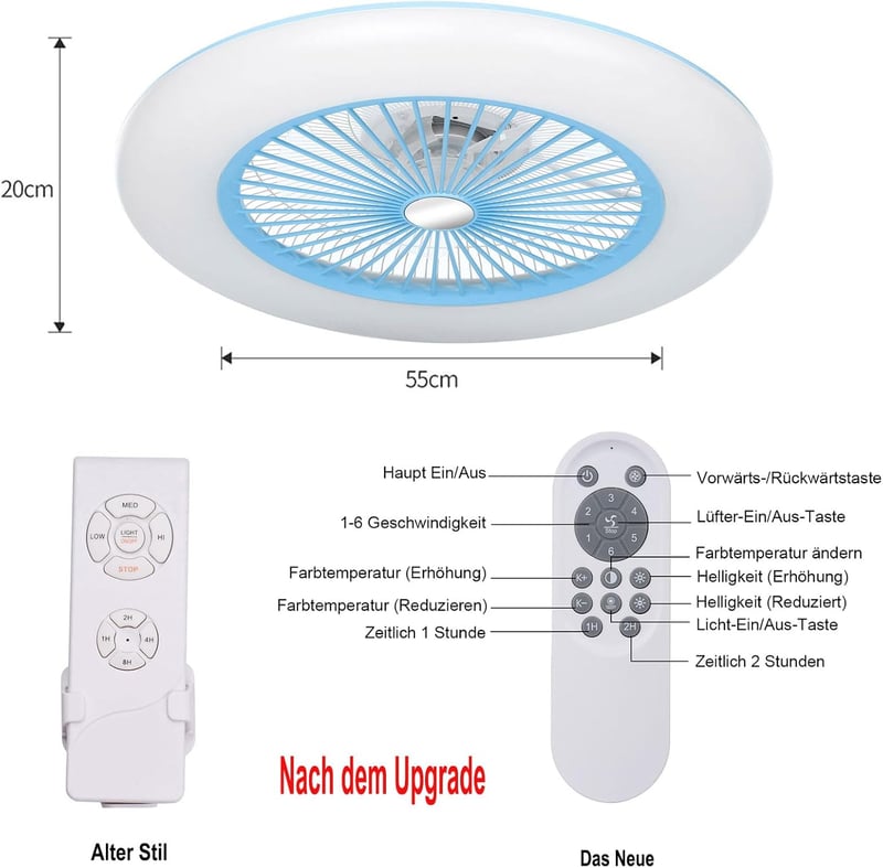 Lixada LED Mennyezeti Ventilátor Távirányítóval Kék 36W Hálószoba Nappali