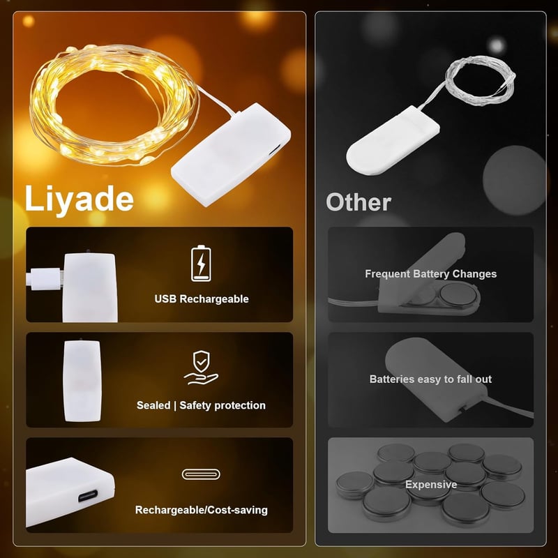 Liyade 2m 20 LED meleg fehér tündérfény USB töltővel, vízálló dekoráció 6db