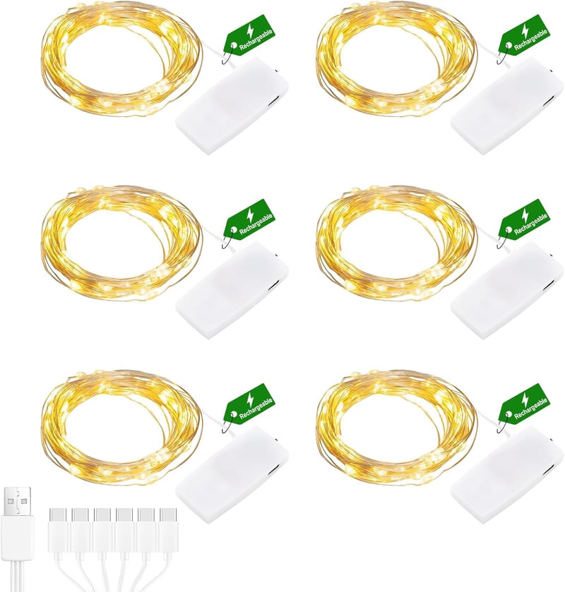 Liyade 2m 20 LED meleg fehér tündérfény USB töltővel, vízálló dekoráció 6db