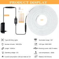 Liyade LED traka toplo bijela 3 m 12V podesiva neon LED traka 3000K IP65 vodootporna silikonska fleksibilna svjetlosna traka s napajanjem i kontrolerom za unutarnju i vanjsku upotrebu 2