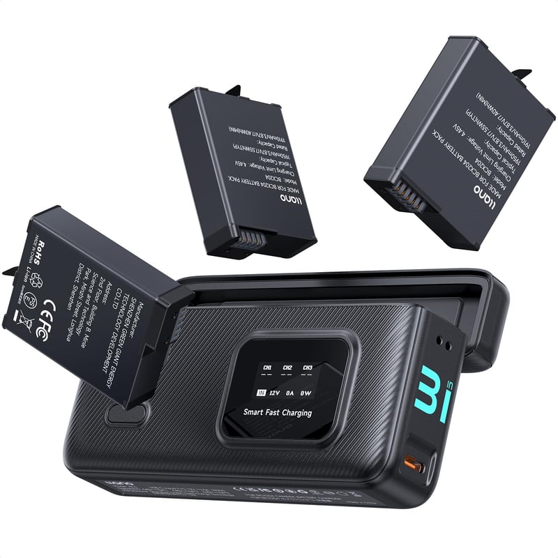 Încărcător rapid llano AC3 30W cu 3 acumulatori de 1950 mAh pentru camerele DJI Osmo Action 6/5 Pro/4/3 și Osmo 360, încărcare PD cu trei sloturi, afișaj LED