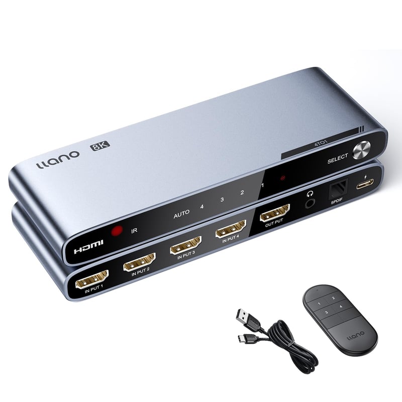 Prepínač Llano HDMI 2.1, 4 v 1, 8K@60Hz, 4K@120Hz, audio extraktor, optický a 3,5 mm výstup, SPDIF 7.1Ch, 48 Gb/s, kompatibilný s PS4/PS5 a Xbox