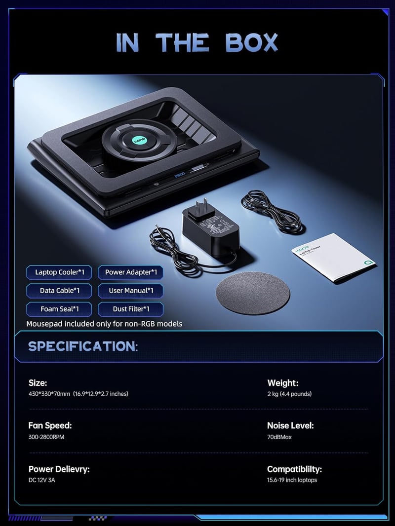 llano RGB Gaming Laptop Cooler 15-19 Hüvelykes Hűtőpad USB 3 Port