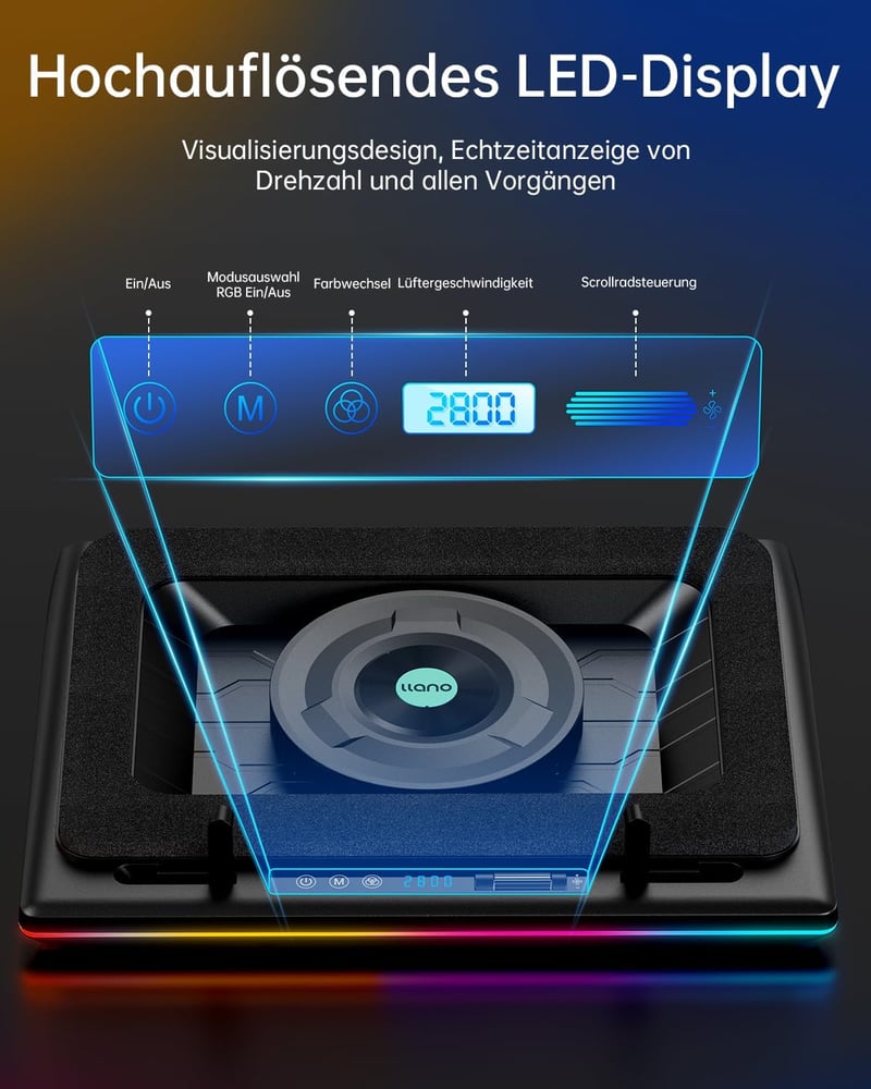 llano RGB Gaming Laptop Cooler 15-19 Hüvelykes Notebookhoz Turbó Ventilátorral és USB Hub-bal