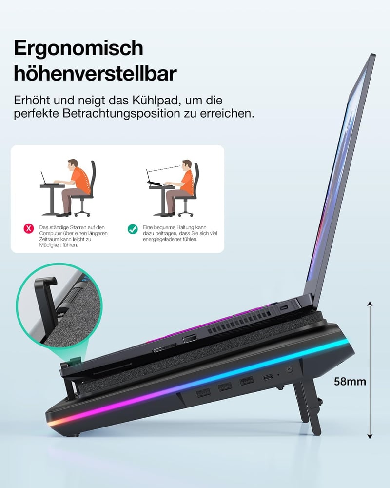 llano RGB Gaming Laptop Cooler 15-19 Hüvelykes Notebookhoz Turbó Ventilátorral és USB Hub-bal