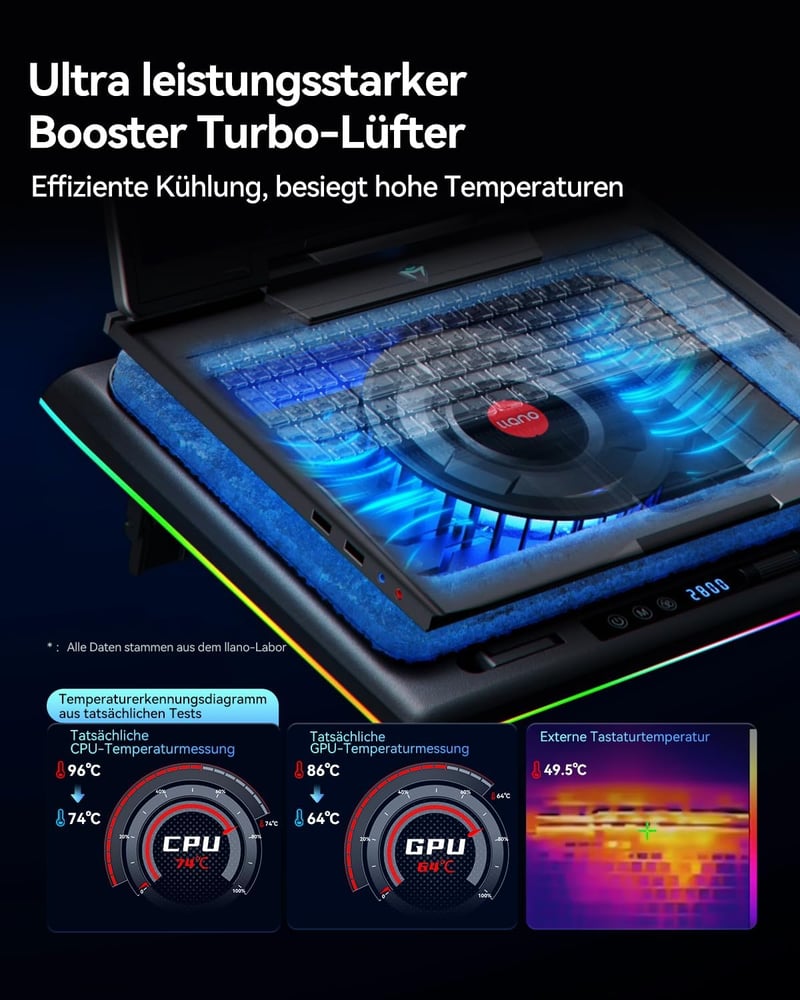 llano RGB Gaming Laptop Cooler 15-19 Hüvelykes Notebookhoz Turbó Ventilátorral és USB Hub-bal