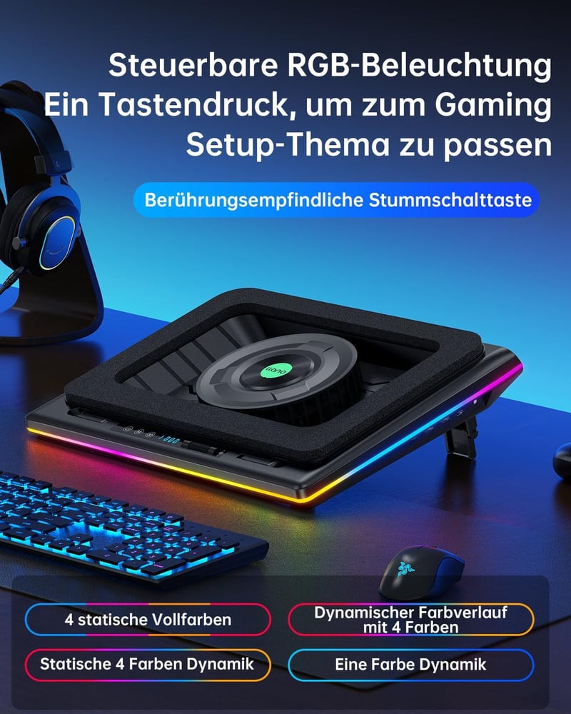 llano RGB Gaming Laptop Cooler 15-19 Hüvelykes Notebookhoz Turbó Ventilátorral és USB Hub-bal