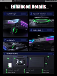 llano V10 RGB chladiaca podložka pre herné notebooky s uhlopriečkou 12–15,6", 10,5 cm ventilátor, nastaviteľná rýchlosť, dotykové ovládanie, 3x USB-A port 7