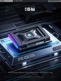 llano V10 RGB chladiaca podložka pre herné notebooky s uhlopriečkou 12–15,6", 10,5 cm ventilátor, nastaviteľná rýchlosť, dotykové ovládanie, 3x USB-A port 4