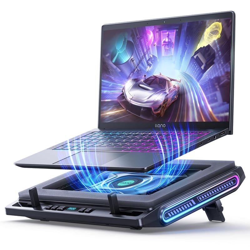 llano V10 RGB chladiaca podložka pre herné notebooky s uhlopriečkou 12–15,6", 10,5 cm ventilátor, nastaviteľná rýchlosť, dotykové ovládanie, 3x USB-A port