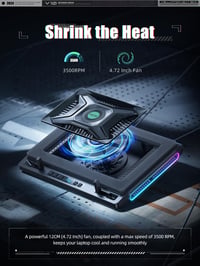 llano V10 RGB chladiaca podložka pre herné notebooky s uhlopriečkou 12–15,6", 10,5 cm ventilátor, nastaviteľná rýchlosť, dotykové ovládanie, 3x USB-A port 3