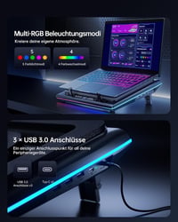 llano V12 Ultra laptop hűtőpad RGB, intelligens hőmérséklet-szabályozás, 15-21 colos laptopokhoz 7