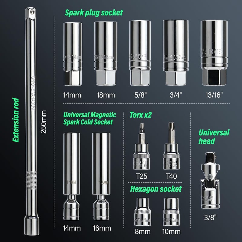 LLAVETOR Nyomatékkulcs 3/8" 5-60 Nm Kerékpár Motorkerékpár Autó Szett Mágneses Gyújtógyertya Hüvely