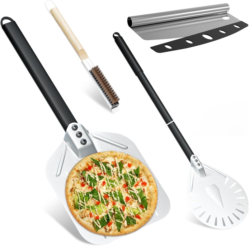 Lmaqfum 4 részes pizzakészlet: perforált lapát, alumínium spatula, pizzavágó, kefe