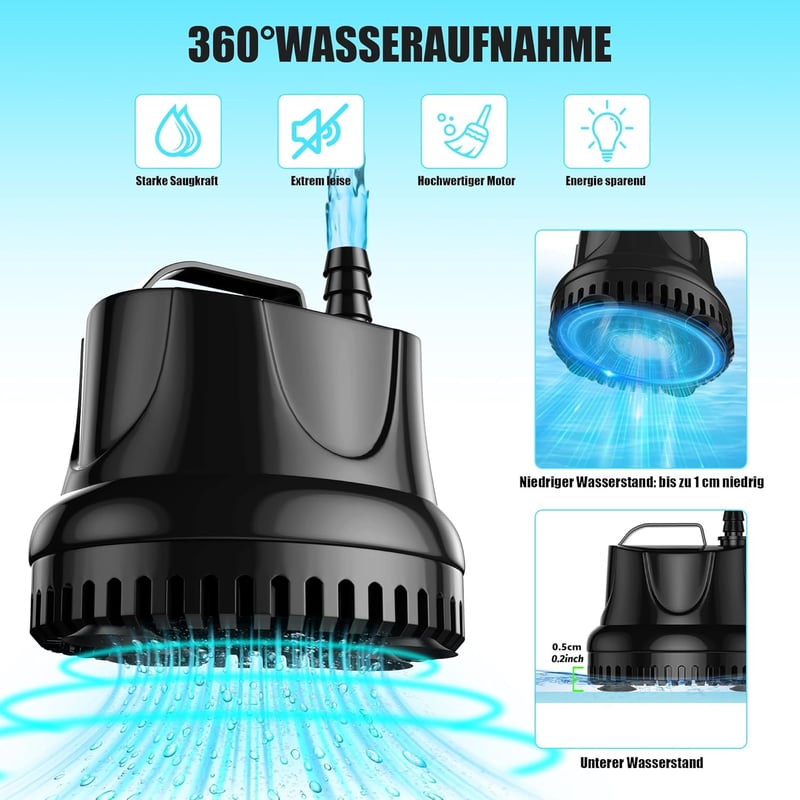 Lnicez Mini Merülő Szivattyú 25W 1500L/h - Akváriumokhoz, Kerti Tavakhoz, Szökőkutakhoz, Alacsony Vízszintű Szivattyúzáshoz, Túlmelegedés El