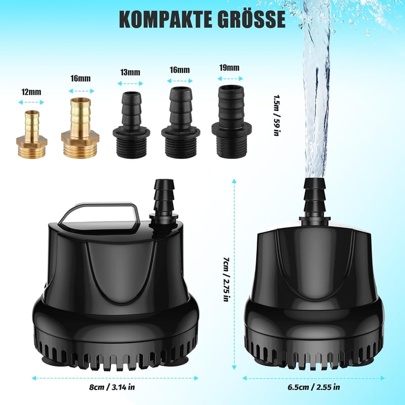 Lnicez Mini Merülő Szivattyú 25W 1500L/h - Akváriumokhoz, Kerti Tavakhoz, Szökőkutakhoz, Alacsony Vízszintű Szivattyúzáshoz, Túlmelegedés El