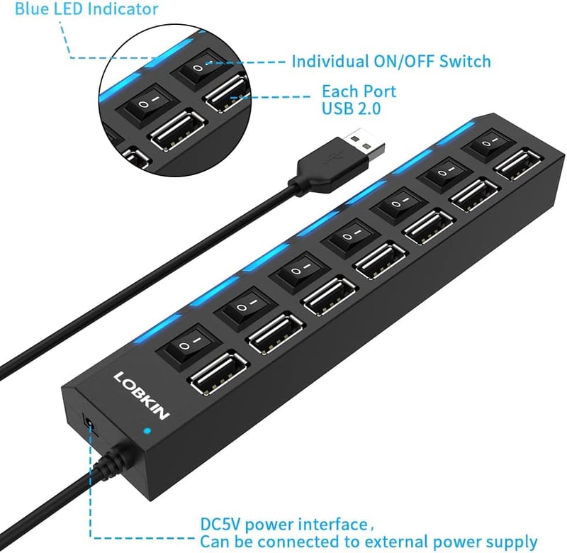 LOBKIN USB Hub 7 Portos Hordozható USB 2.0 Elosztó LED Kapcsolókkal Laptop PC MacBook Számítógép Eszközökhöz