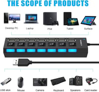 LOBKIN USB Hub 7 Portos Hordozható USB 2.0 Elosztó LED Kapcsolókkal Laptop PC MacBook Számítógép Eszközökhöz 2