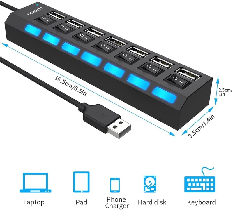 LOBKIN USB Hub 7 Portos Hordozható USB 2.0 Elosztó LED Kapcsolókkal Laptop PC MacBook Számítógép Eszközökhöz