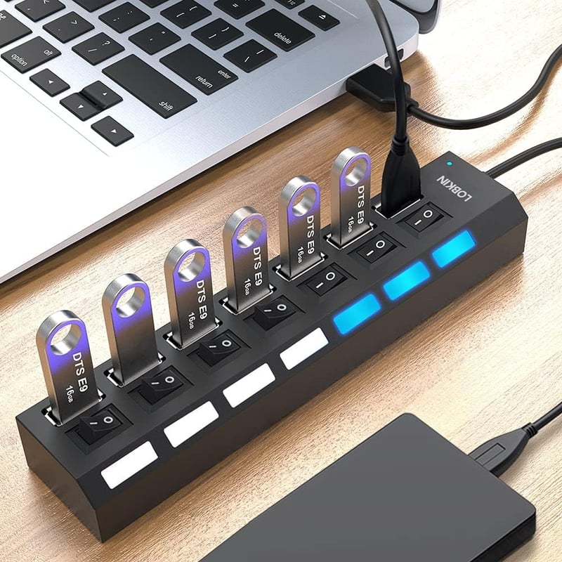 LOBKIN USB Hub 7 Portos Hordozható USB 2.0 Elosztó LED Kapcsolókkal Laptop PC MacBook Számítógép Eszközökhöz