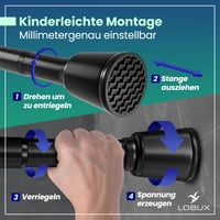 LOBUX Čierna teleskopická záclonová tyč bez vŕtania 210 – 300 cm – Ø 32 mm – tyč na sprchový záves, vešiak na šaty, upínacia tyč, na sieť pre mačky 6