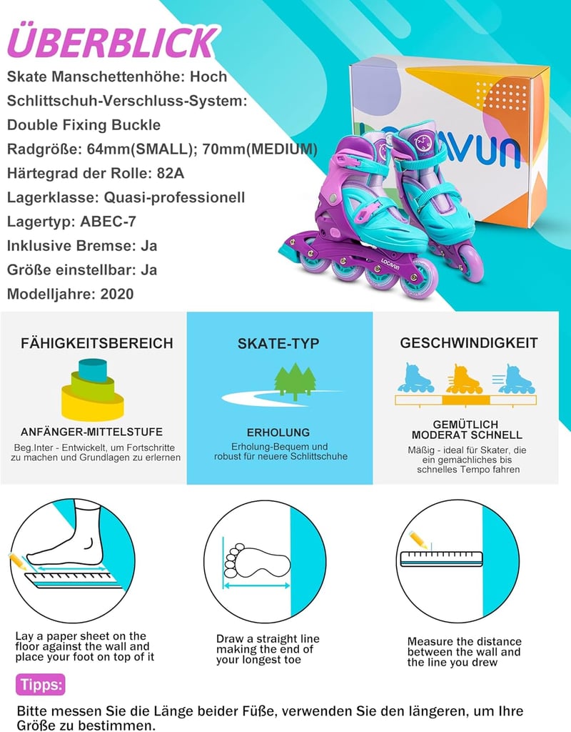 Locavun Állítható Gyermek Görkorcsolya Lányoknak 26-35 EU Méretben, 82A PU Kerekekkel, ABEC 7 Csapággyal, Lila