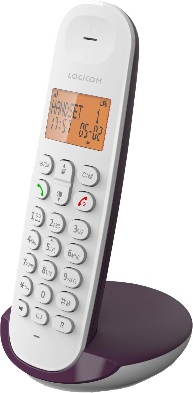 Bezdrôtový telefón Logicom ILOA 150 DECT – Hlasitý odposluch – Veľký 4-riadkový displej – Dosah 300 m – Doba hovoru 7 h – Baklažánovo fialová