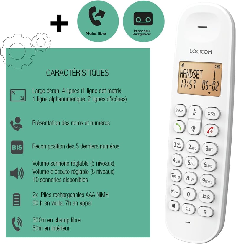 Logicom Iloa 155T DECT vezeték nélküli telefon, 15 perces üzenetrögzítés, kihangosítás