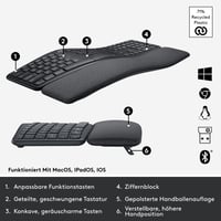 Bezdrôtová ergonomická klávesnica Logitech ERGO K860, delený dizajn, s opierkou na zápästie, Bluetooth a USB, Windows a Mac, QWERTZ 9