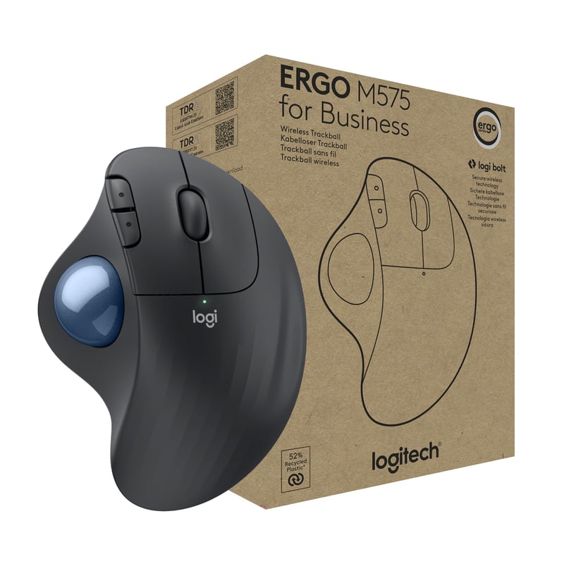Mouse Trackball Wireless Logitech ERGO M575 for Business - Control cu degetul mare, Ergonomic, Bluetooth, Logi Bolt, Grafit