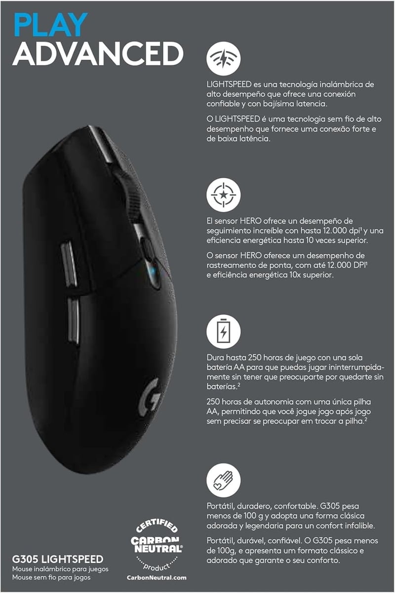 Logitech G305 LIGHT SPEED Wireless Gaming Egér 12000 DPI, 250 Óra Akkumulátor - black