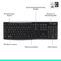 Bezdrôtová klávesnica Logitech K270 – nemecké rozloženie QWERTZ, USB prijímač Unifying, 8 multimediálnych klávesov, odolná voči poliatiu, 2-ročná výdrž batérie 7