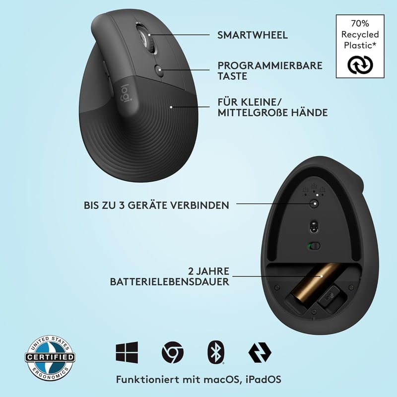 Logitech Lift ergonomikus függőleges egér, vezeték nélküli, szürke - Right Handed, gray, Mouse