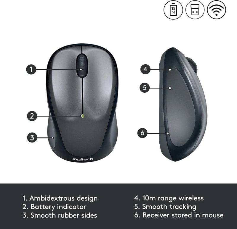 Logitech M235 Vezeték Nélküli Egér 2.4GHz USB Vevővel, 1000 DPI, 12 Hónapos Akkumulátor - gray