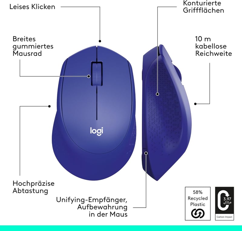 Logitech M330 Plus Wireless Egér Csendes 2.4GHz Nano USB Vevővel Kék - Single, blue, Silent Mouse Wireless M330