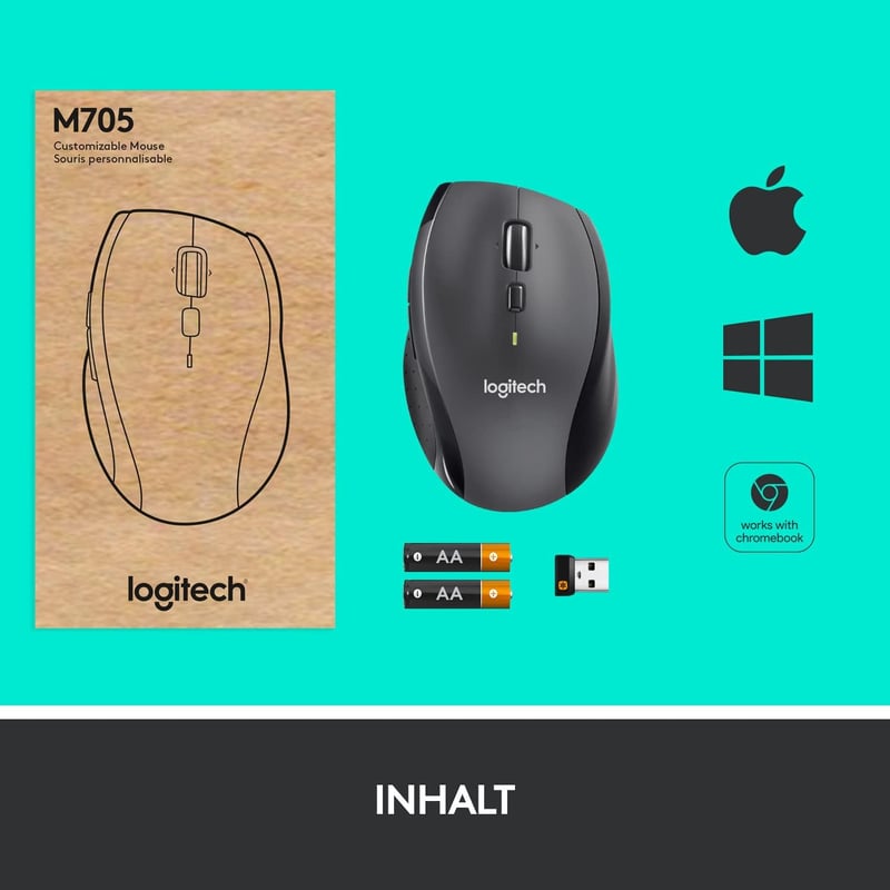 Logitech M705 Marathon vezeték nélküli egér, 3 év akkumulátor, 7 gomb, PC/Mac - Retail Packaging