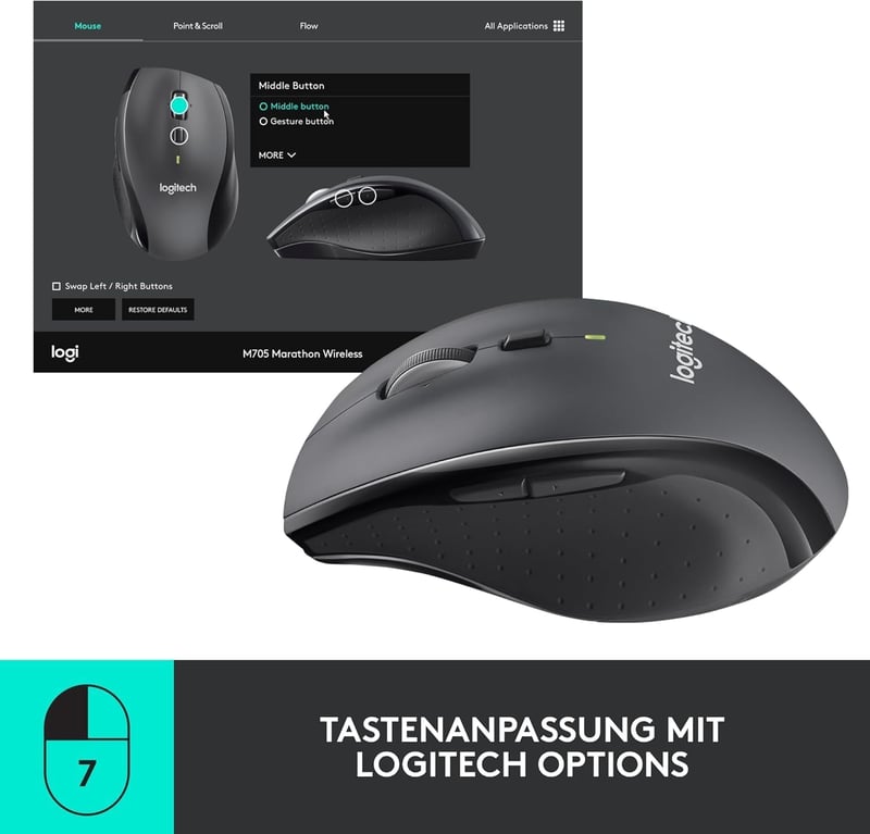 Logitech M705 Marathon vezeték nélküli egér, 3 év akkumulátor, 7 gomb, PC/Mac - Retail Packaging
