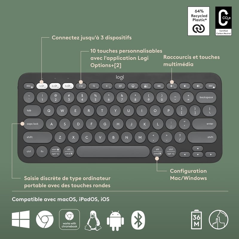 Logitech Pebble Keys 2 K380s AZERTY Francia Billentyűzet Grafitszürke
