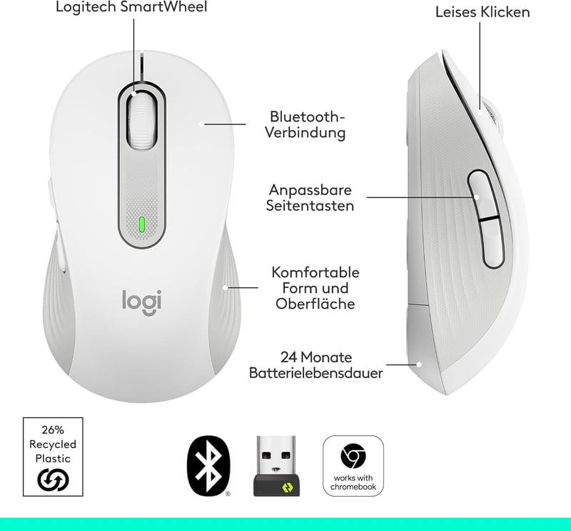 Logitech Signature M650 L Wireless Egér Nagy Kézhez, Csendes Kattintás, Bluetooth - Große Hände, White, Right Handed