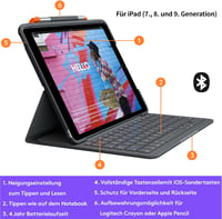 Logitech SLIM FOLIO iPad 7. generáció Bluetooth billentyűzet tok német QWERTY grafit - keyboard case, SLIM FOLIO 7
