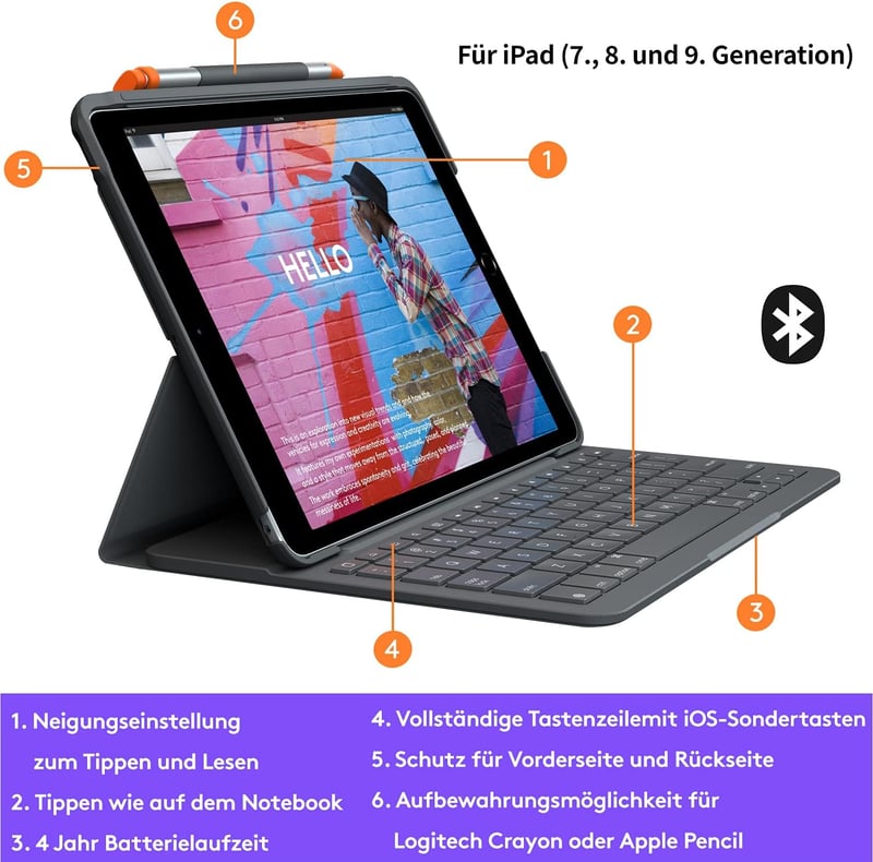Logitech SLIM FOLIO iPad 7. generáció Bluetooth billentyűzet tok német QWERTY grafit - keyboard case, SLIM FOLIO