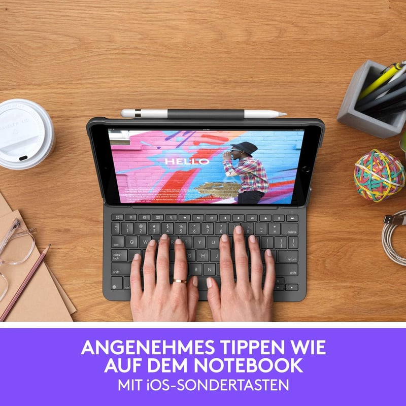 Logitech SLIM FOLIO iPad 7. generáció Bluetooth billentyűzet tok német QWERTY grafit - keyboard case, SLIM FOLIO