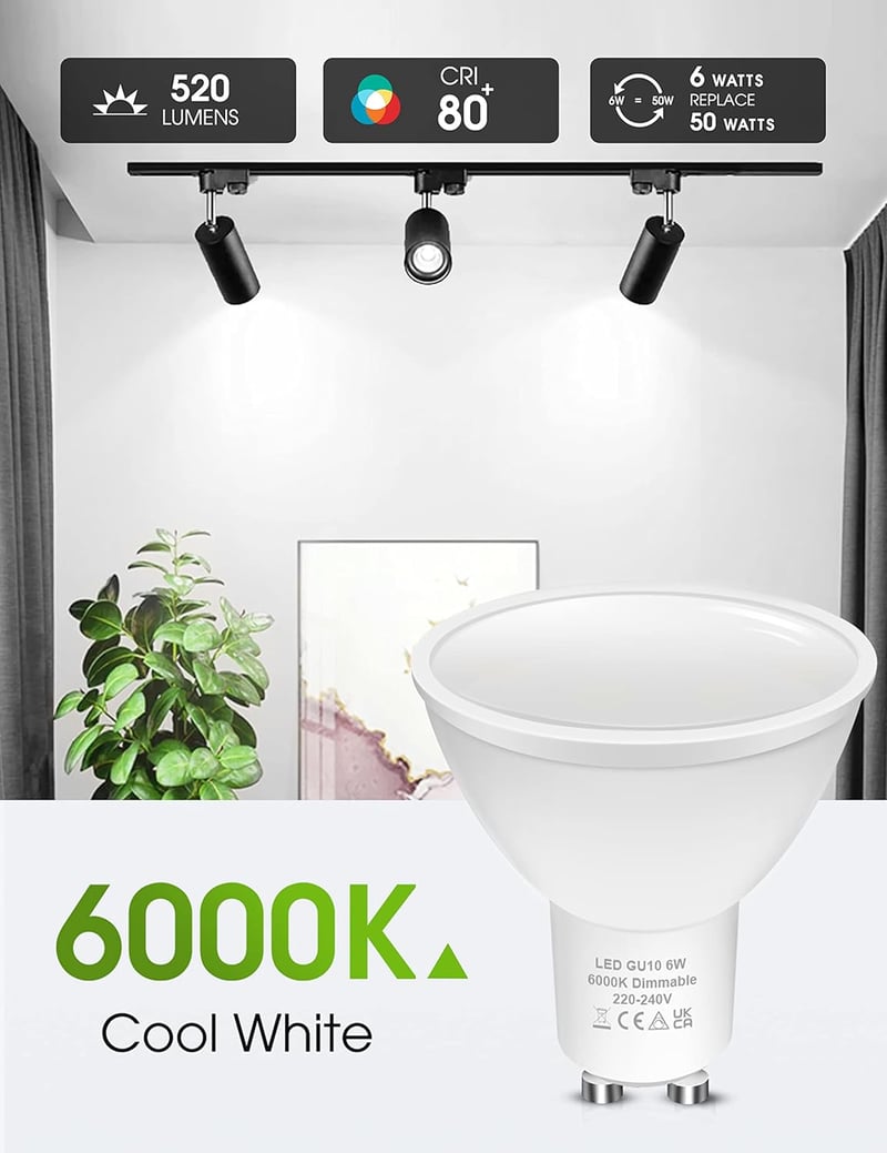 LOHAS GU10 LED Dimmelhető Izzó, Hideg Fehér 6000K, 6W/500lm, 50W Halogén Helyettesítő, 120° Szórási Szög, 5 db-os Csomag