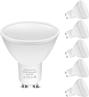 LOHAS GU10 LED žarulja s mogućnošću prigušivanja, hladno bijela 6000K, 6W/500lm, zamjena za halogenu žarulju od 50W, kut raspršivanja 120°, pakiranje od 5 komada