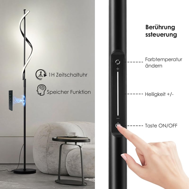 LOKUNM Állólámpa LED 20W - Fekete Modern Mennyezeti Spotlámpa Távirányítóval, Fényerőszabályzós, 1800lm, Érintésvezérelt Olvasólámpa Nappali