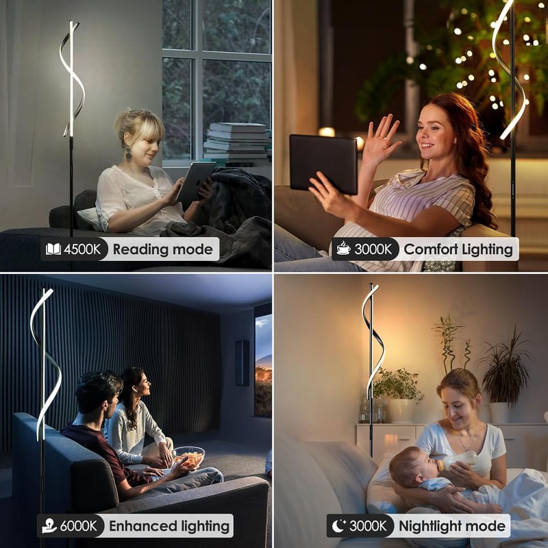 LOKUNM Állólámpa LED 20W - Fekete Modern Mennyezeti Spotlámpa Távirányítóval, Fényerőszabályzós, 1800lm, Érintésvezérelt Olvasólámpa Nappali