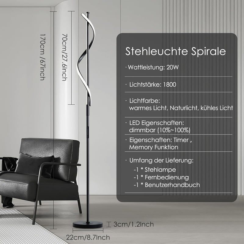 LOKUNM Állólámpa LED 20W - Fekete Modern Mennyezeti Spotlámpa Távirányítóval, Fényerőszabályzós, 1800lm, Érintésvezérelt Olvasólámpa Nappali